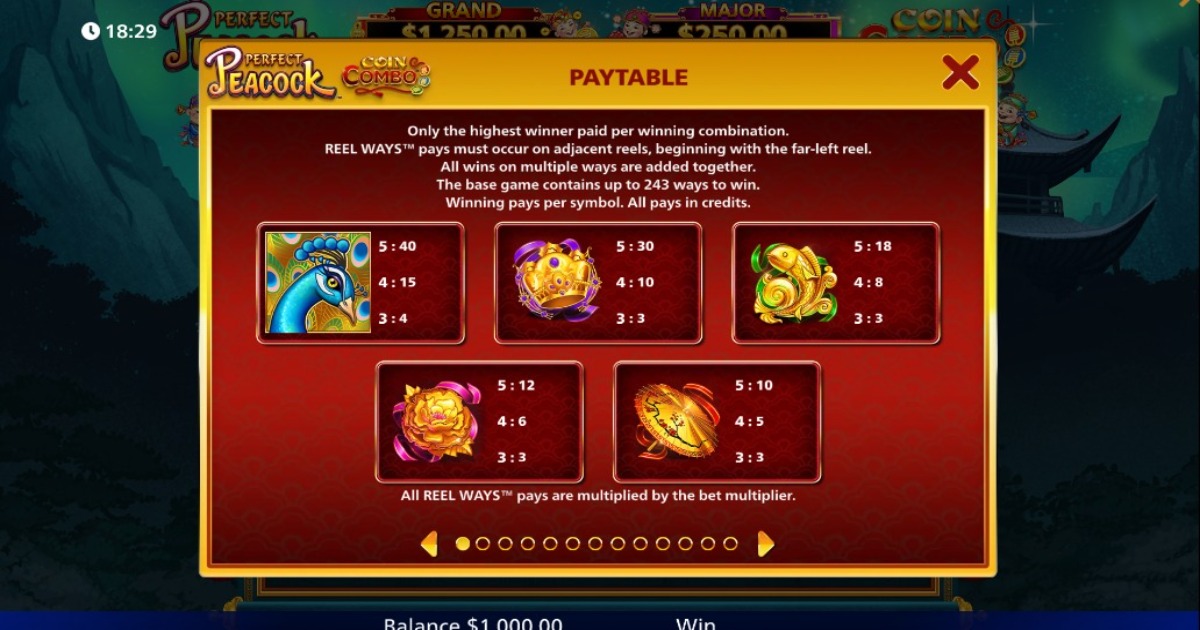 Coin Combo Perfect Peacock slot symbols