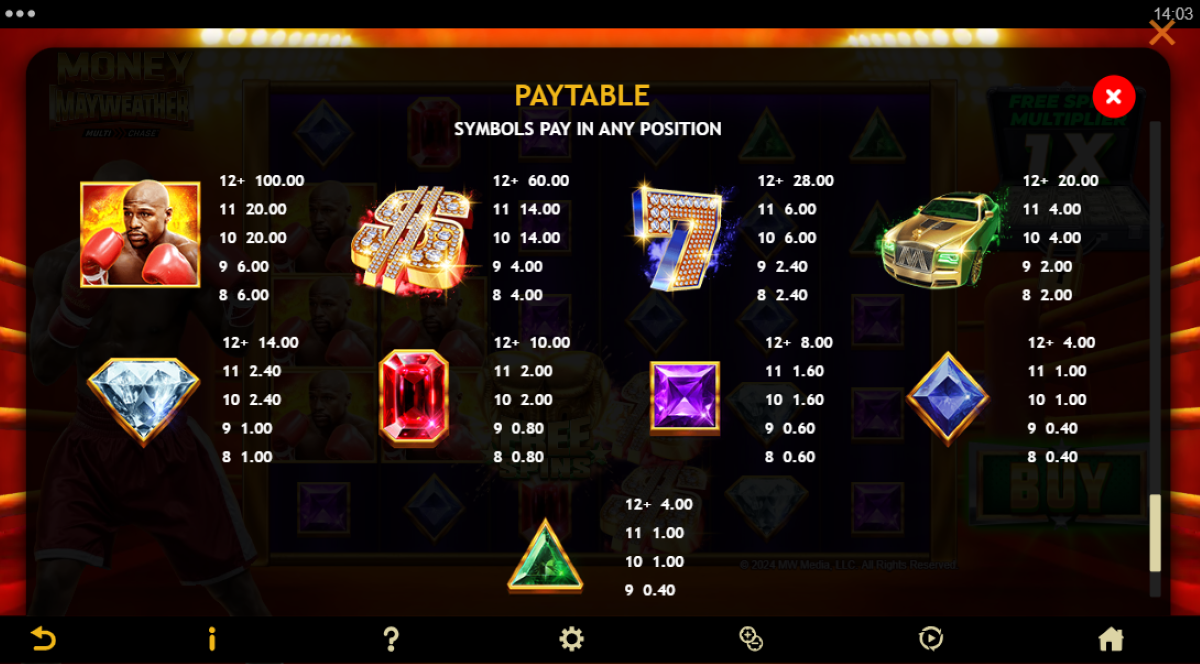 Money Mayweather Slot symbols and payouts