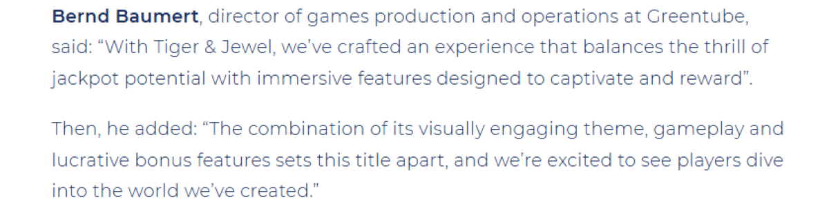 Greentube comments on Tiger & Jewel slot