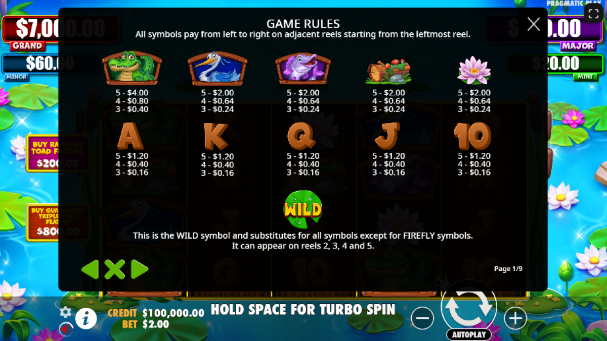 Tiny Toads symbols and payouts