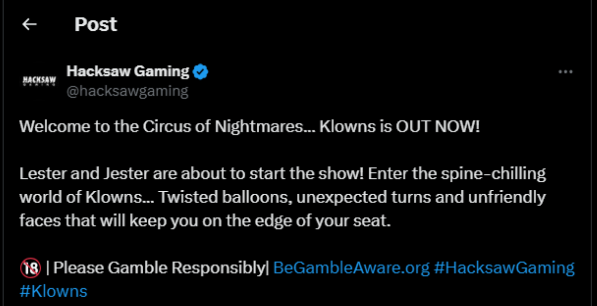 hacksaw gaming commnets on Klowns slot